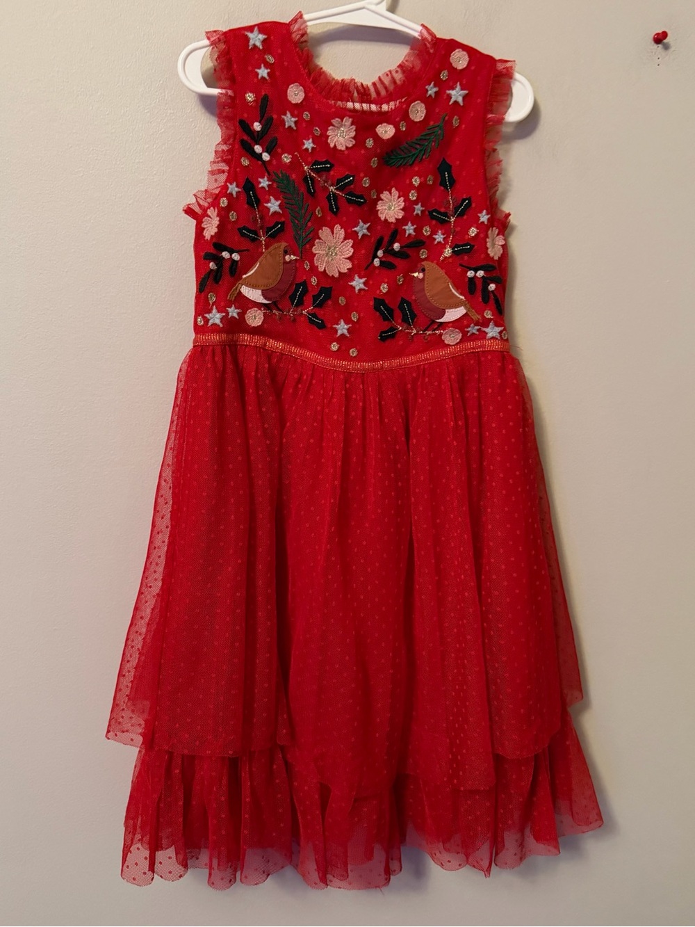 Mini Boden Red Embroidered Bird Tulle Dress for